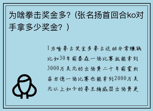 为啥拳击奖金多？(张名扬首回合ko对手拿多少奖金？)